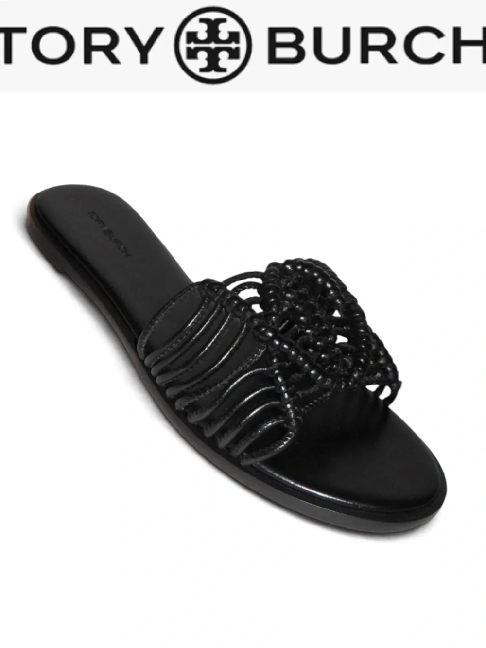 NWT TORY BURCH MACRAME PERFECT BLACK LEATHER SLIDE FLAT SLIP ON SANDALS SIZE 11